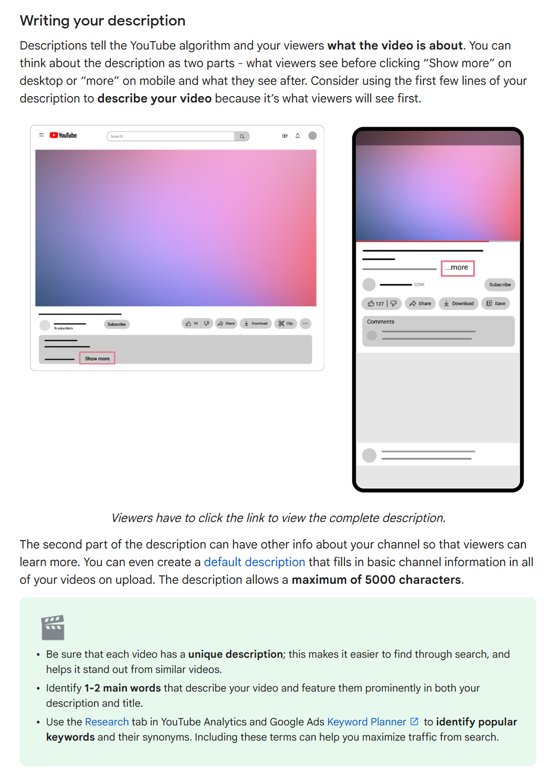 YouTube's official guide showing the Show More fold on desktop and mobile where descriptions get cut off