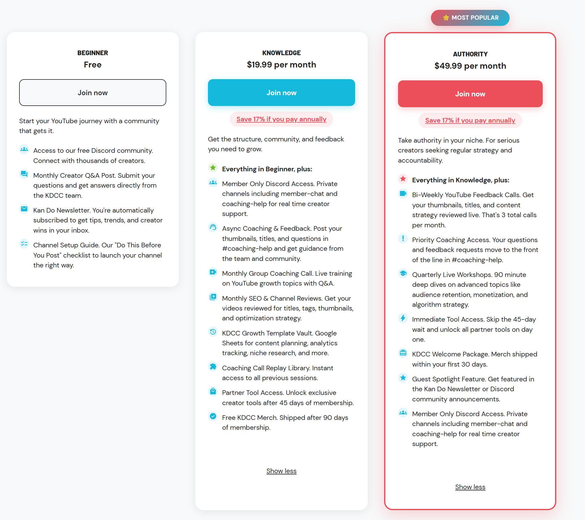 Kan Do Creators Community KDCC membership tiers showing Beginner Knowledge and Authority plans