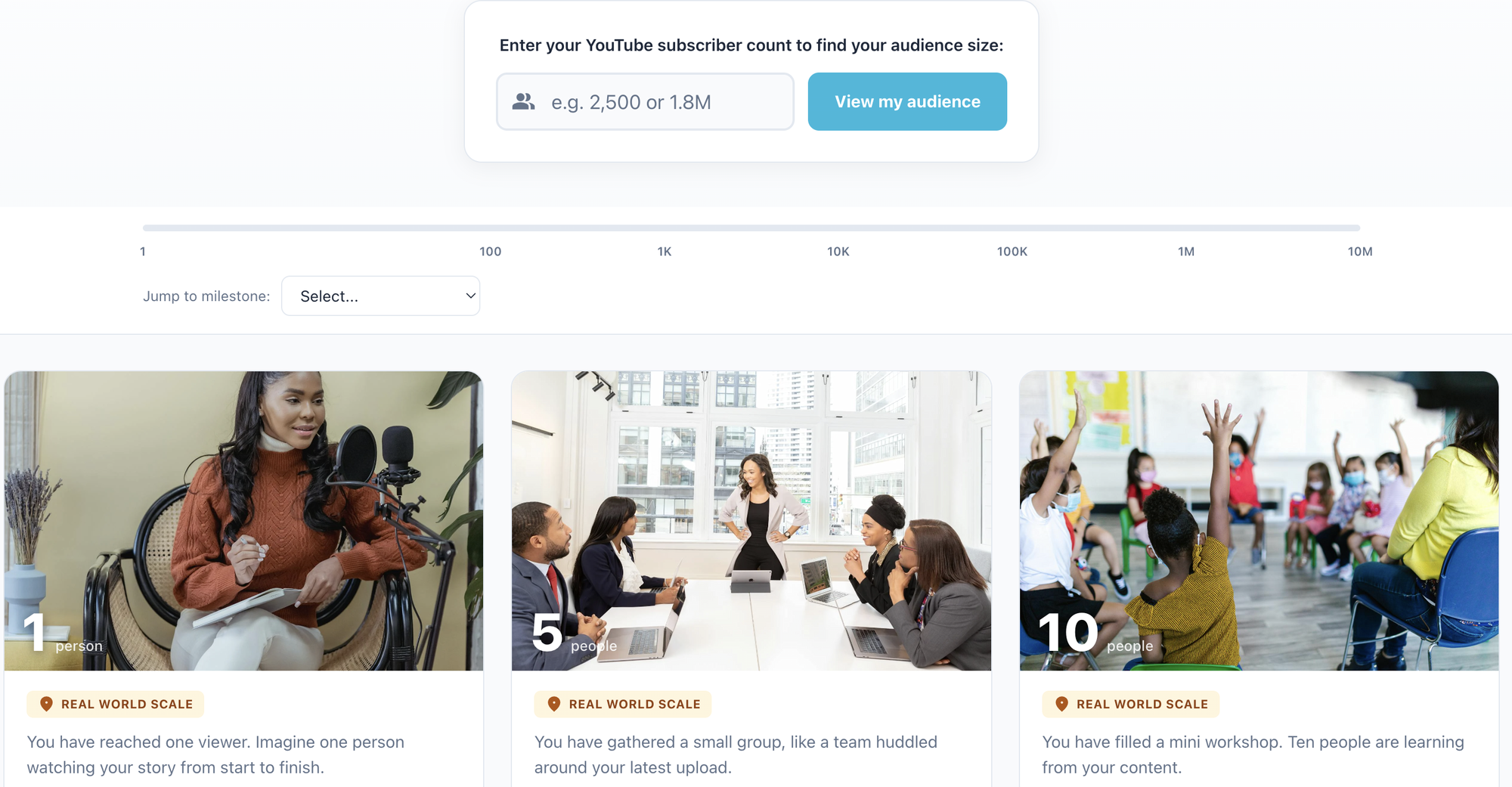 KDCC YouTube Audience Visualizer with subscriber input field, milestone slider, and real world crowd cards