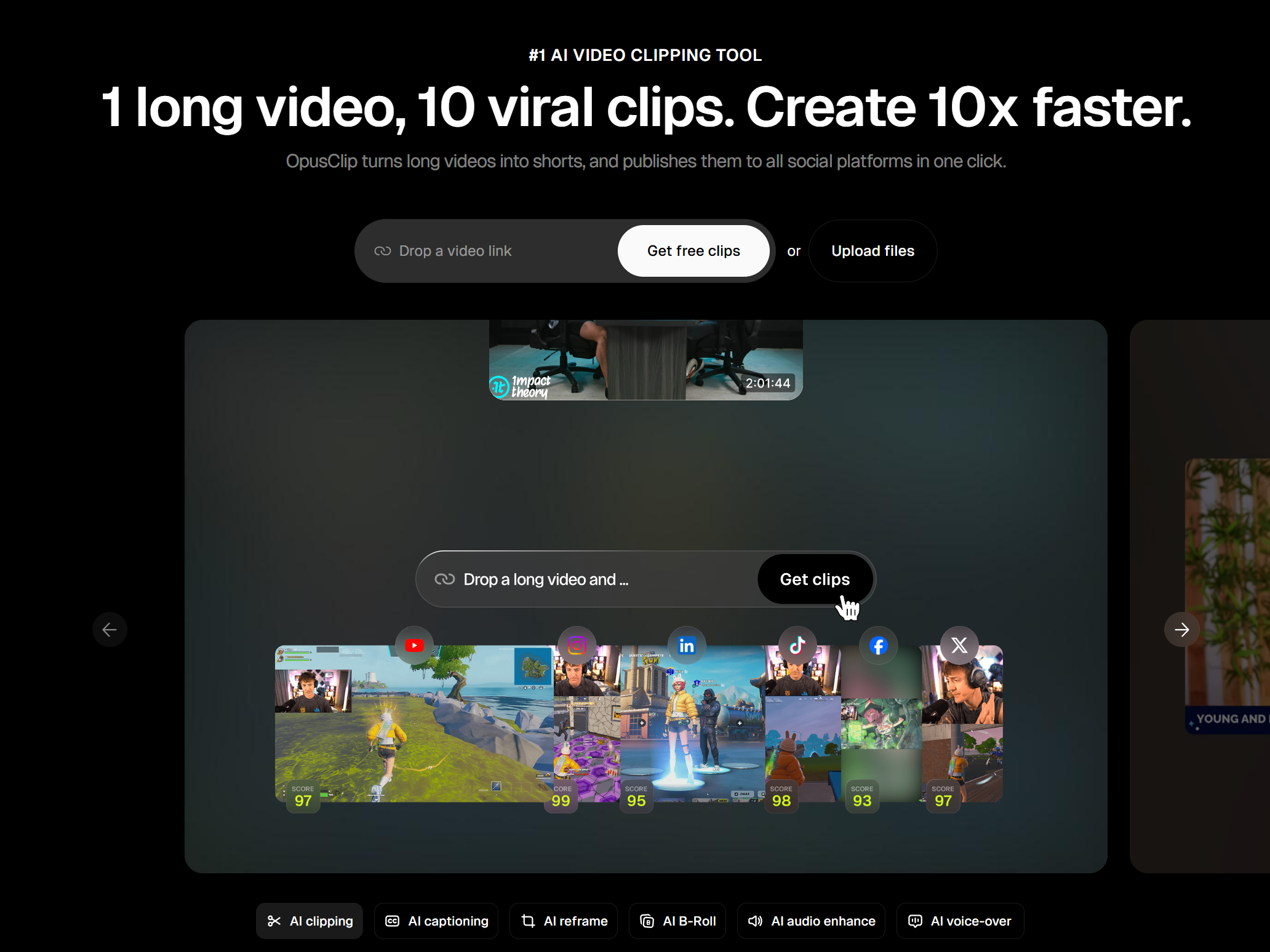 OpusClip homepage showing the video link input field, Get free clips button, and sample clips with virality scores for YouTube, Instagram, LinkedIn, TikTok, Facebook, and X