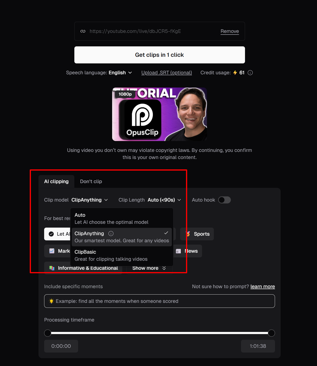 OpusClip clipping settings interface showing the ClipAnything model selected, content type categories like Marketing and Informative and Educational, and a prompt field for finding specific moments