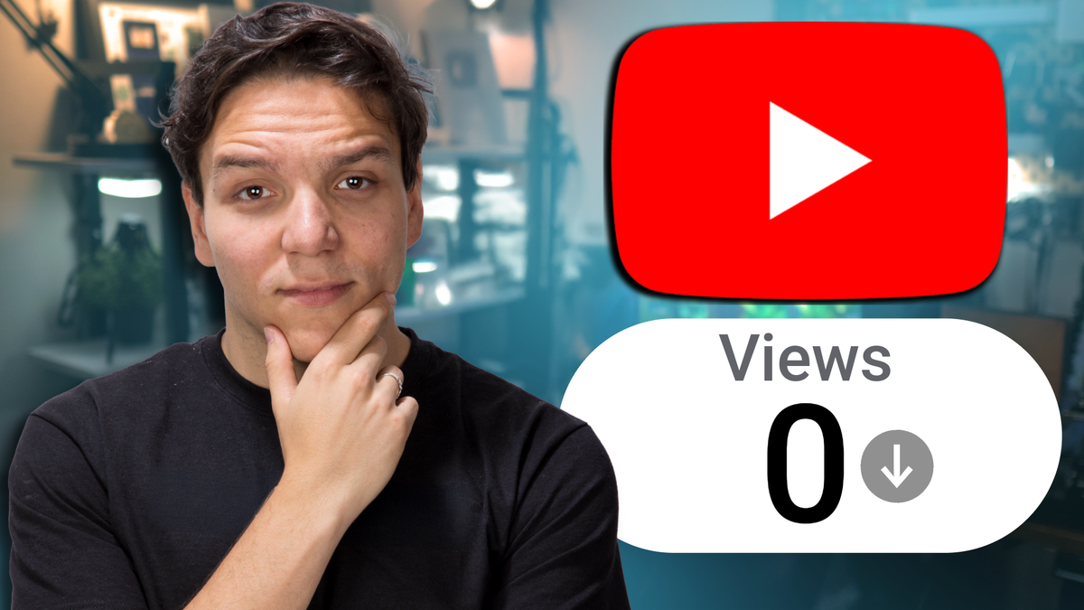 Andrew Kan discussing why creators are not getting views on YouTube, with a YouTube play button and a views counter showing zero in the background
